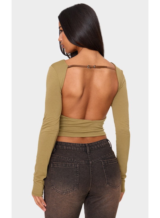Топ із довгими рукавами без спинки та пряжкою оливкового кольору
