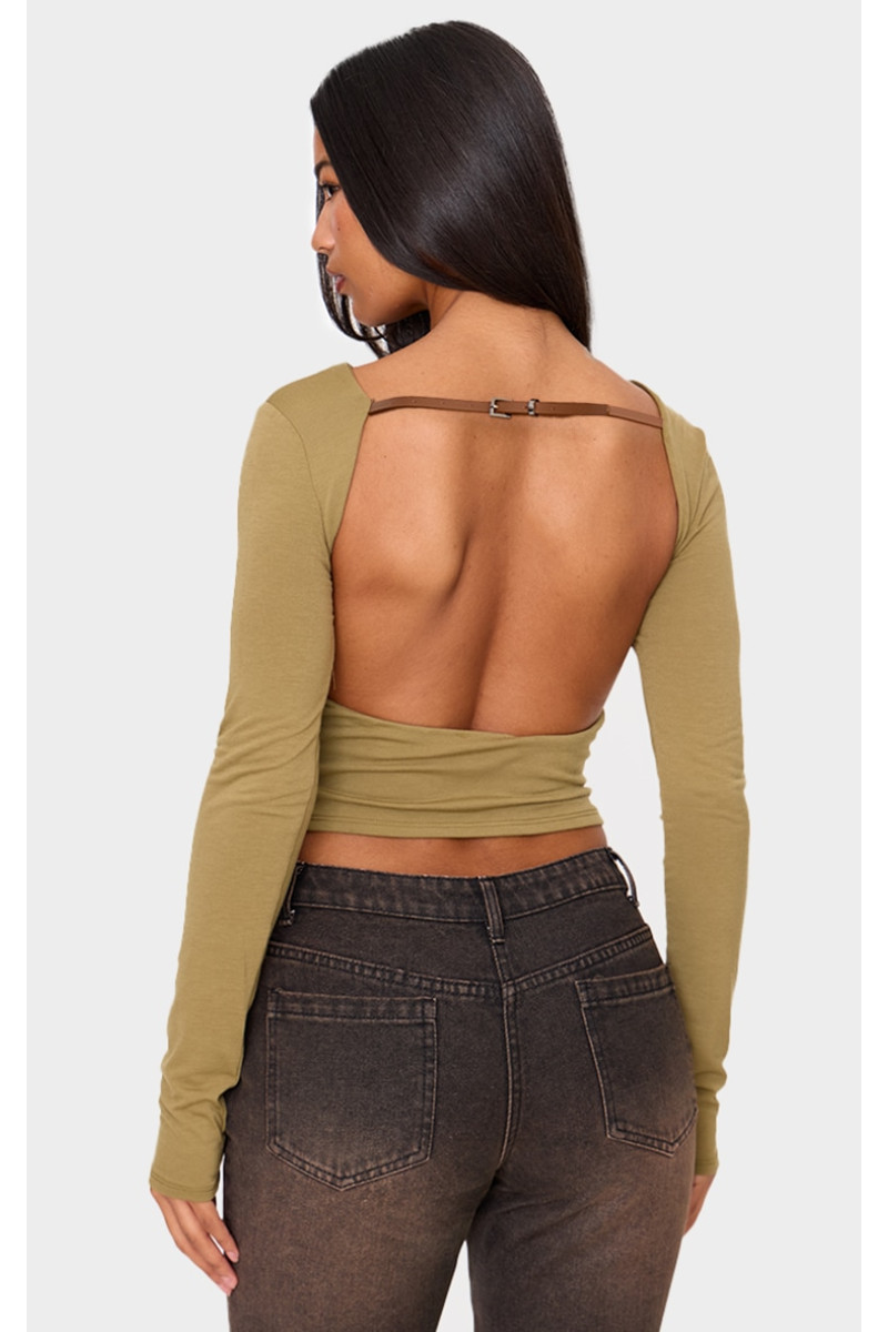 Топ із довгими рукавами без спинки та пряжкою оливкового кольору