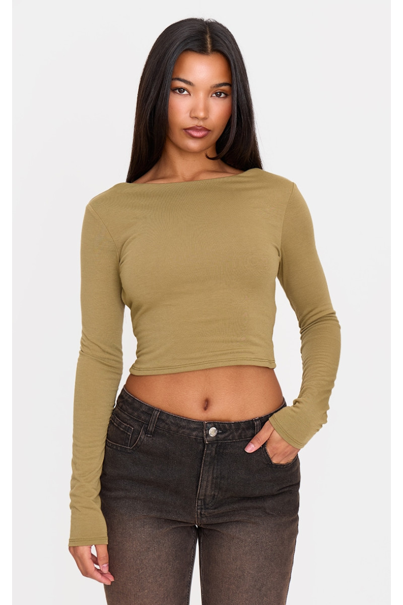 Топ із довгими рукавами без спинки та пряжкою оливкового кольору
