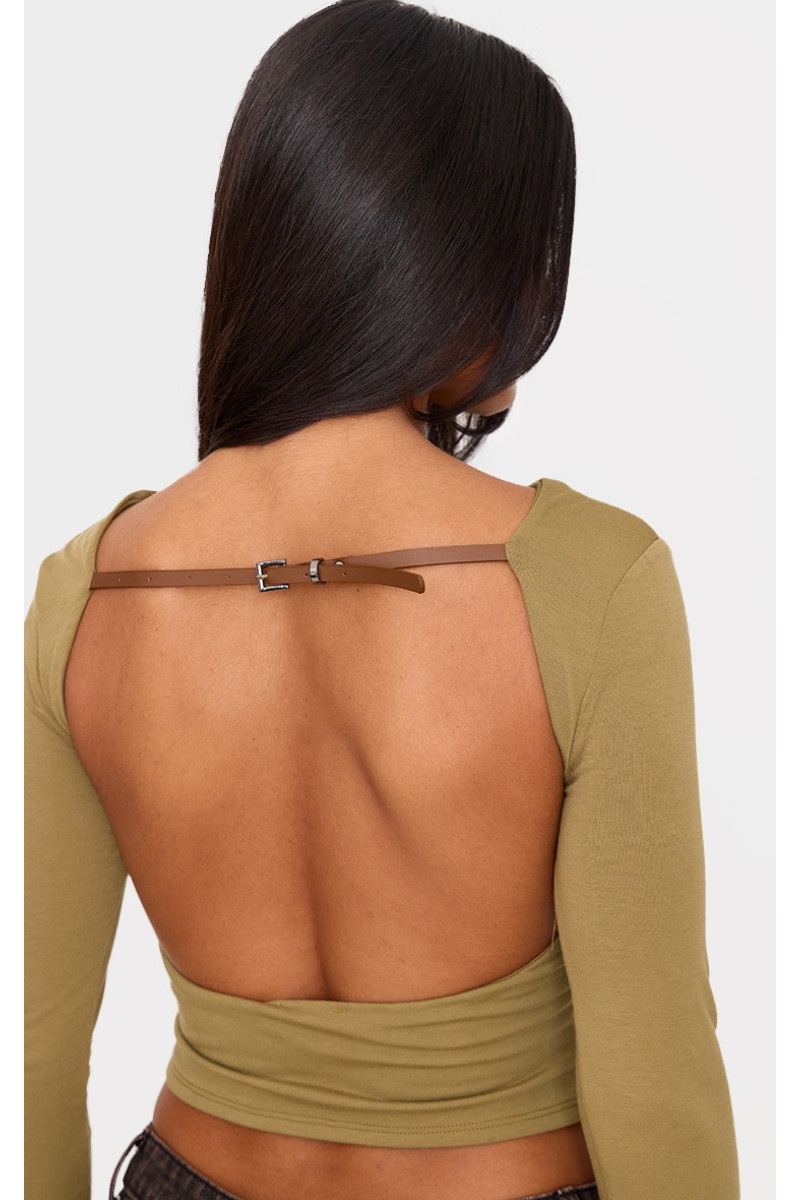 Топ із довгими рукавами без спинки та пряжкою оливкового кольору
