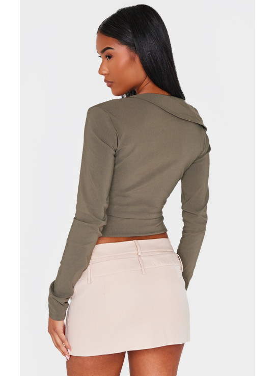 Оливковий бенгальський асиметричний довгий топ із рюшами