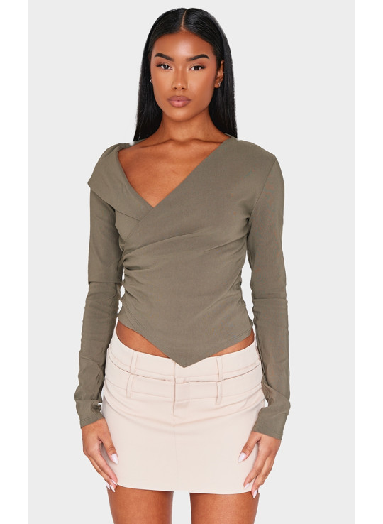 Оливковий бенгальський асиметричний довгий топ із рюшами