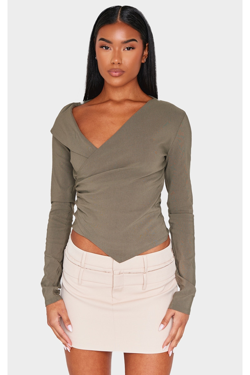 Оливковий бенгальський асиметричний довгий топ із рюшами