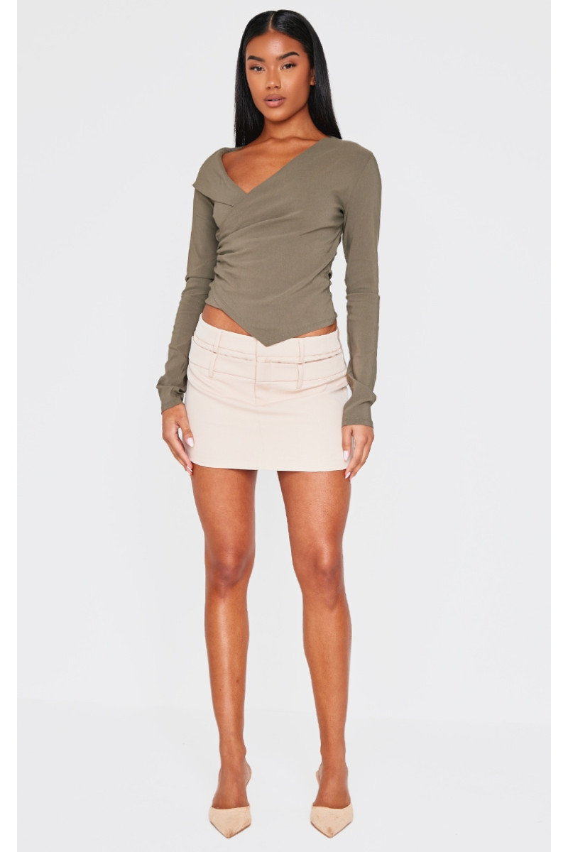 Оливковий бенгальський асиметричний довгий топ із рюшами