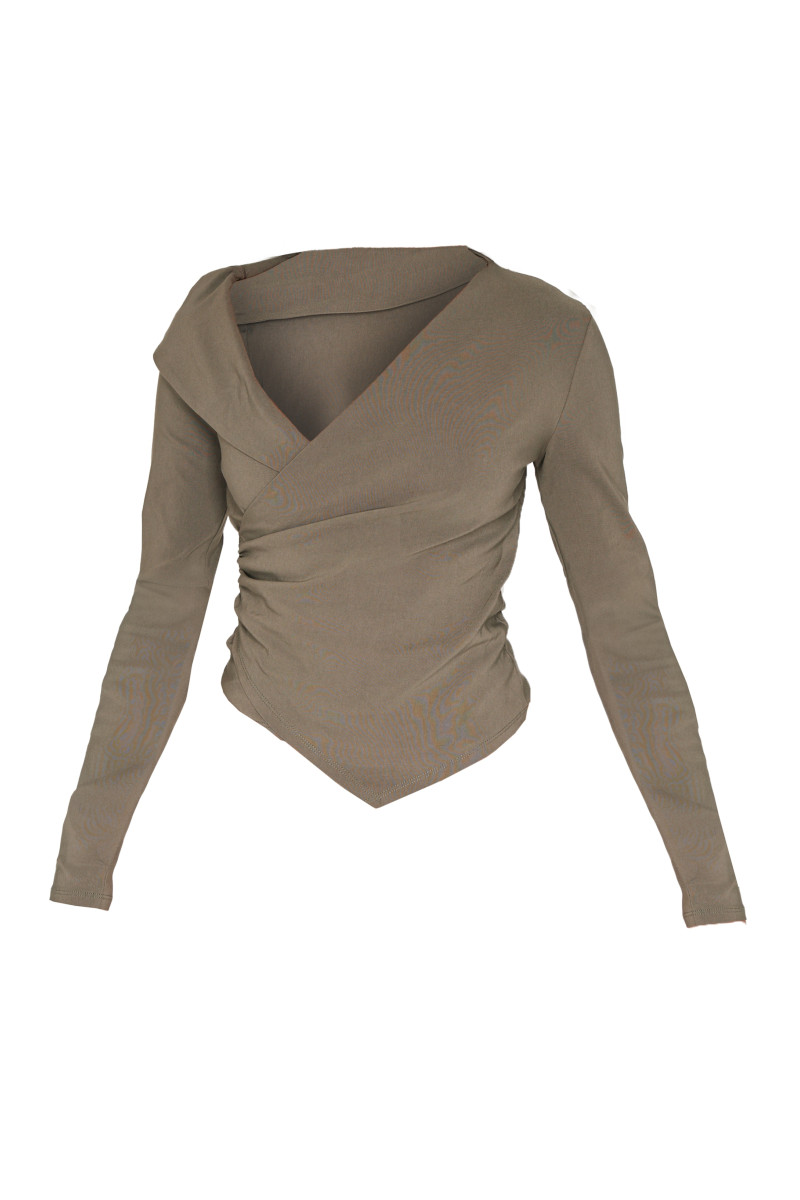 Оливковий бенгальський асиметричний довгий топ із рюшами