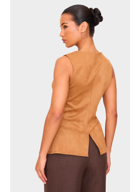 Світло-коричневий довгий жилет зі штучної замші