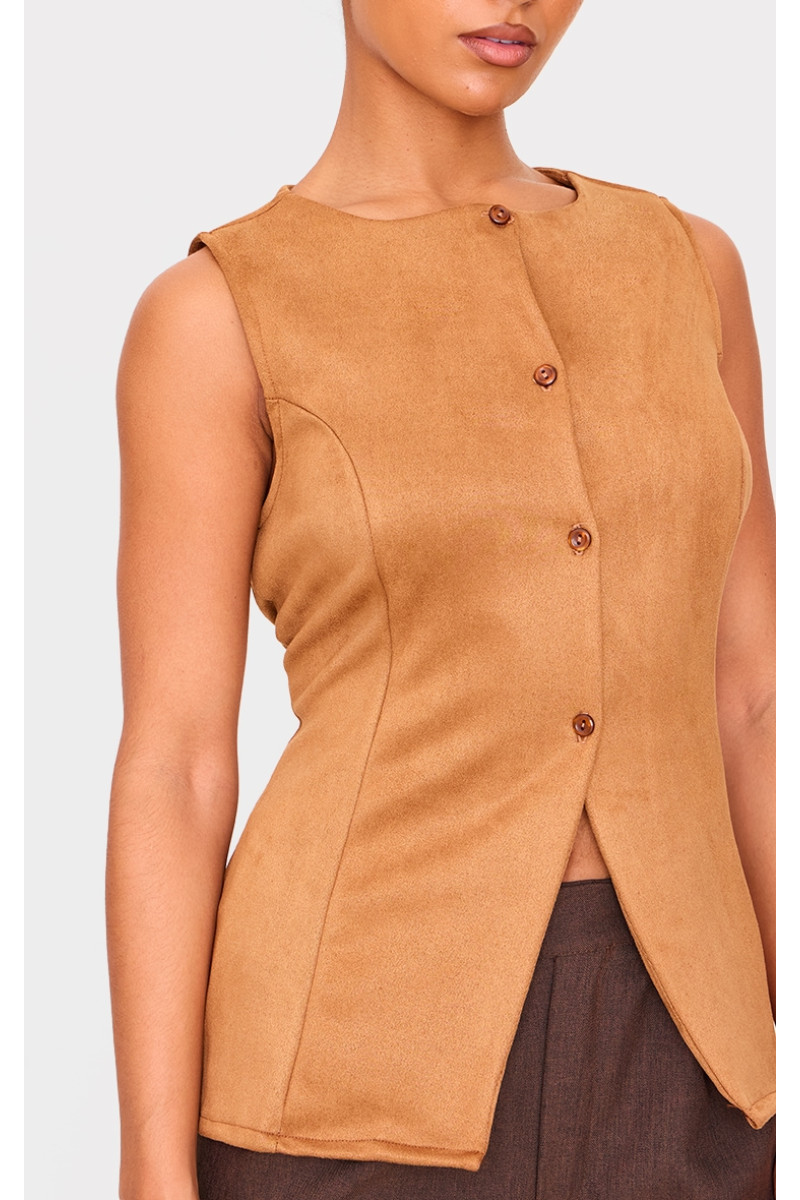 Світло-коричневий довгий жилет зі штучної замші