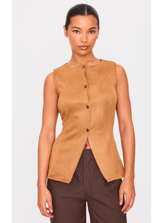 Світло-коричневий довгий жилет зі штучної замші