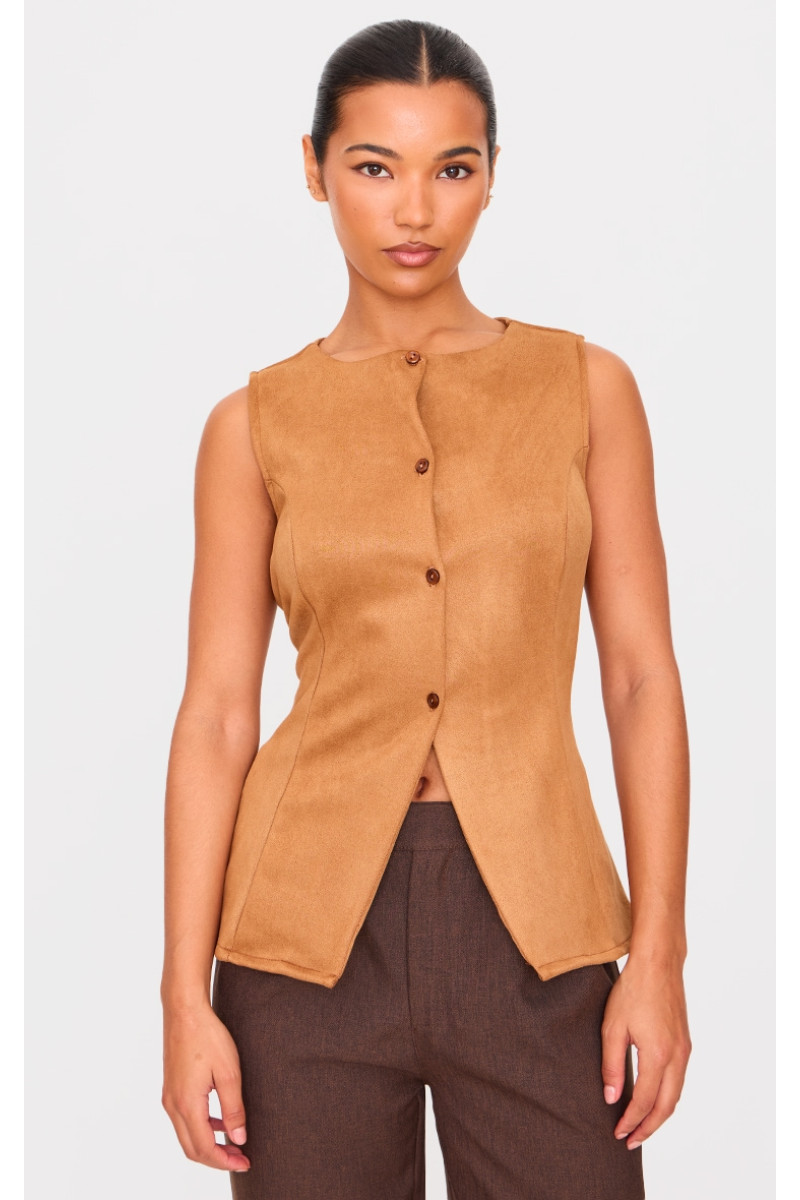 Світло-коричневий довгий жилет зі штучної замші