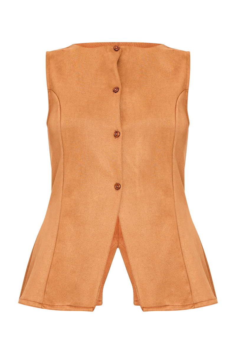 Світло-коричневий довгий жилет зі штучної замші