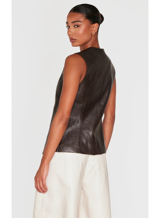 Коричневий довгий жилет із штучної шкіри на ґудзиках