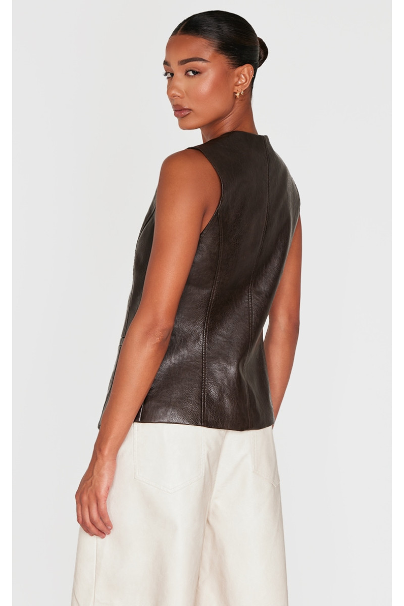 Коричневий довгий жилет із штучної шкіри на ґудзиках