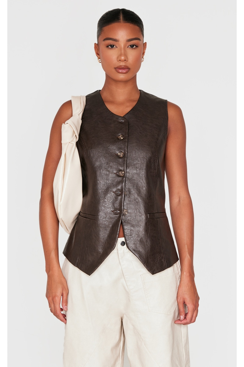 Коричневий довгий жилет із штучної шкіри на ґудзиках