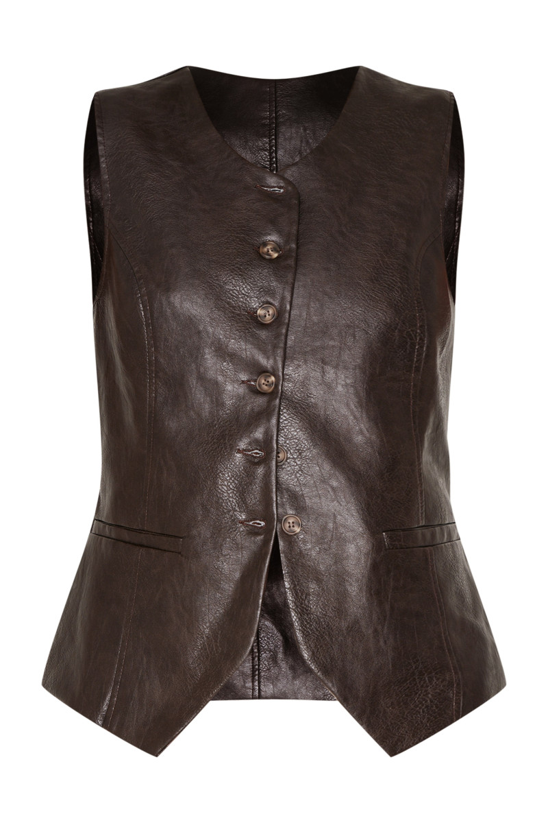 Коричневий довгий жилет із штучної шкіри на ґудзиках