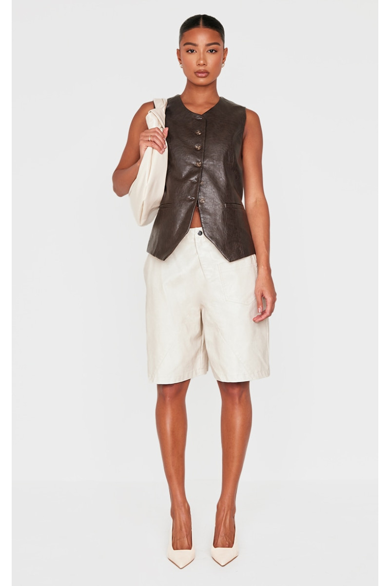 Коричневий довгий жилет із штучної шкіри на ґудзиках