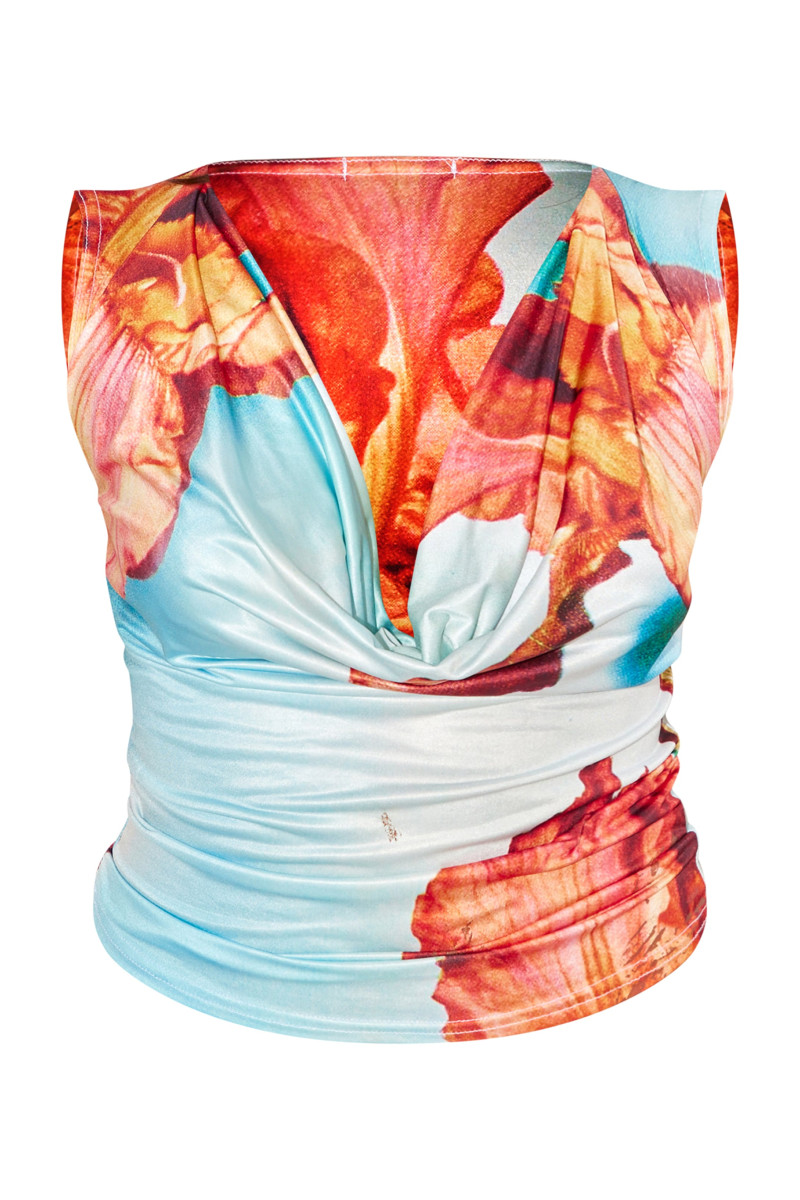 Довгий топ із синім квітковим принтом