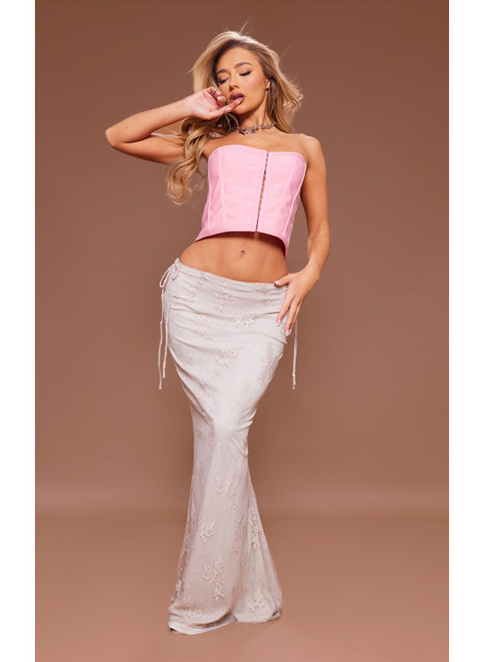 Кремова сітчаста максі-спідниця з низькою посадкою на зав'язках збоку з квітковою підкладкою