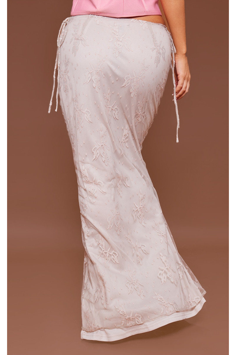 Кремова сітчаста максі-спідниця з низькою посадкою на зав'язках збоку з квітковою підкладкою