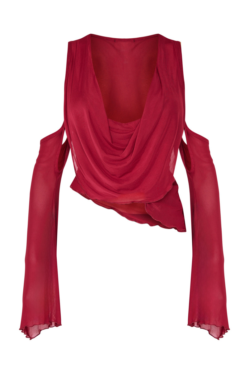 Бордовий сітчастий топ з деталями з вирізом і рукавами