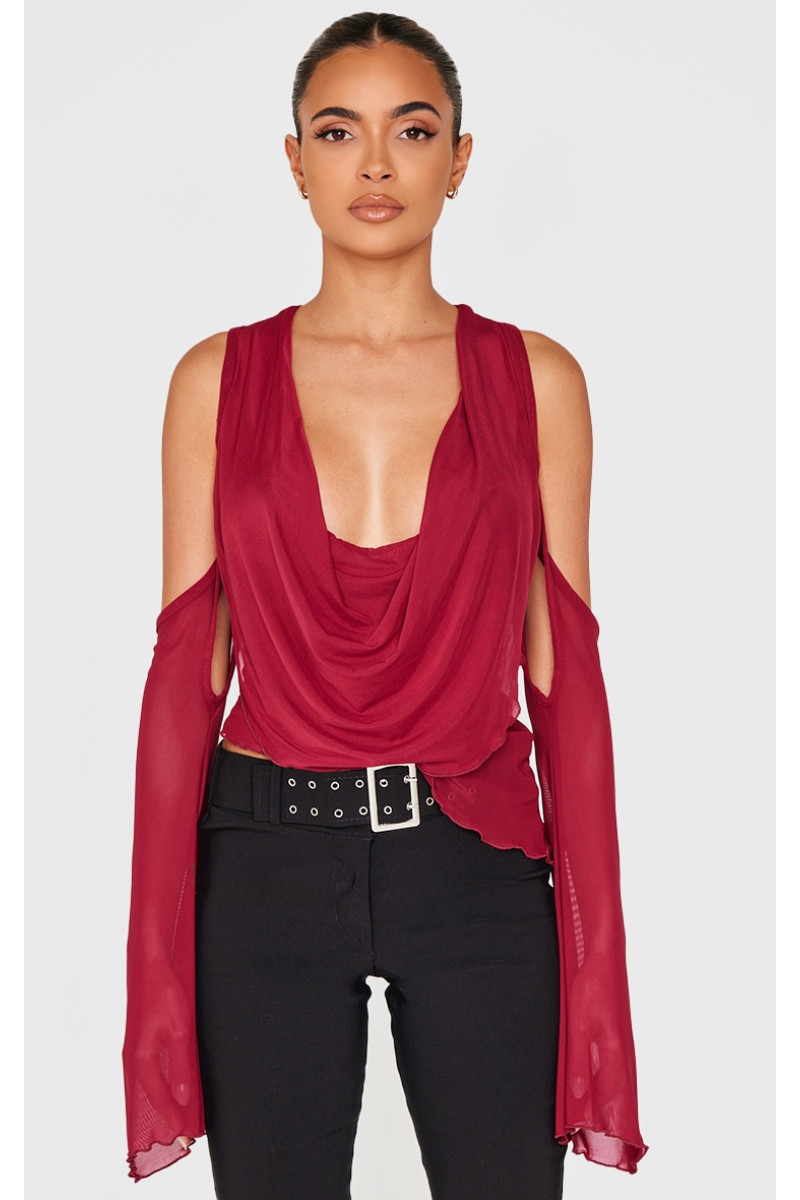 Бордовий сітчастий топ з деталями з вирізом і рукавами