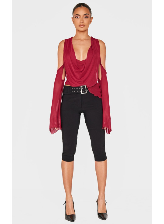 Бордовий сітчастий топ з деталями з вирізом і рукавами