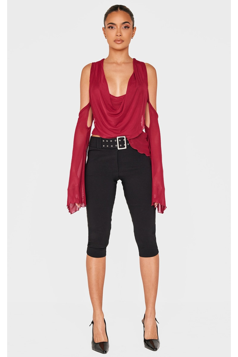 Бордовий сітчастий топ з деталями з вирізом і рукавами