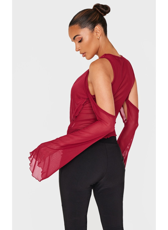 Бордовий сітчастий топ з деталями з вирізом і рукавами