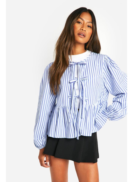 Блакитний смугастий халат із зав’язкою спереду та довгими рукавами