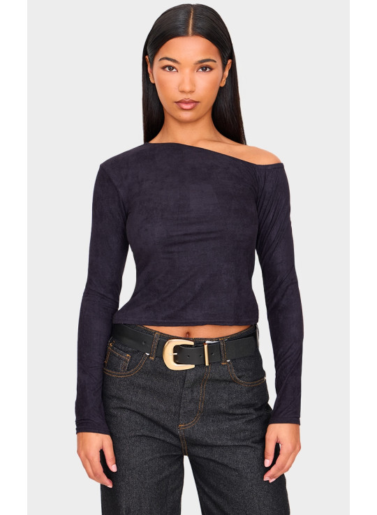 Чорна штучна замша з асиметричним вирізом і довгим рукавом