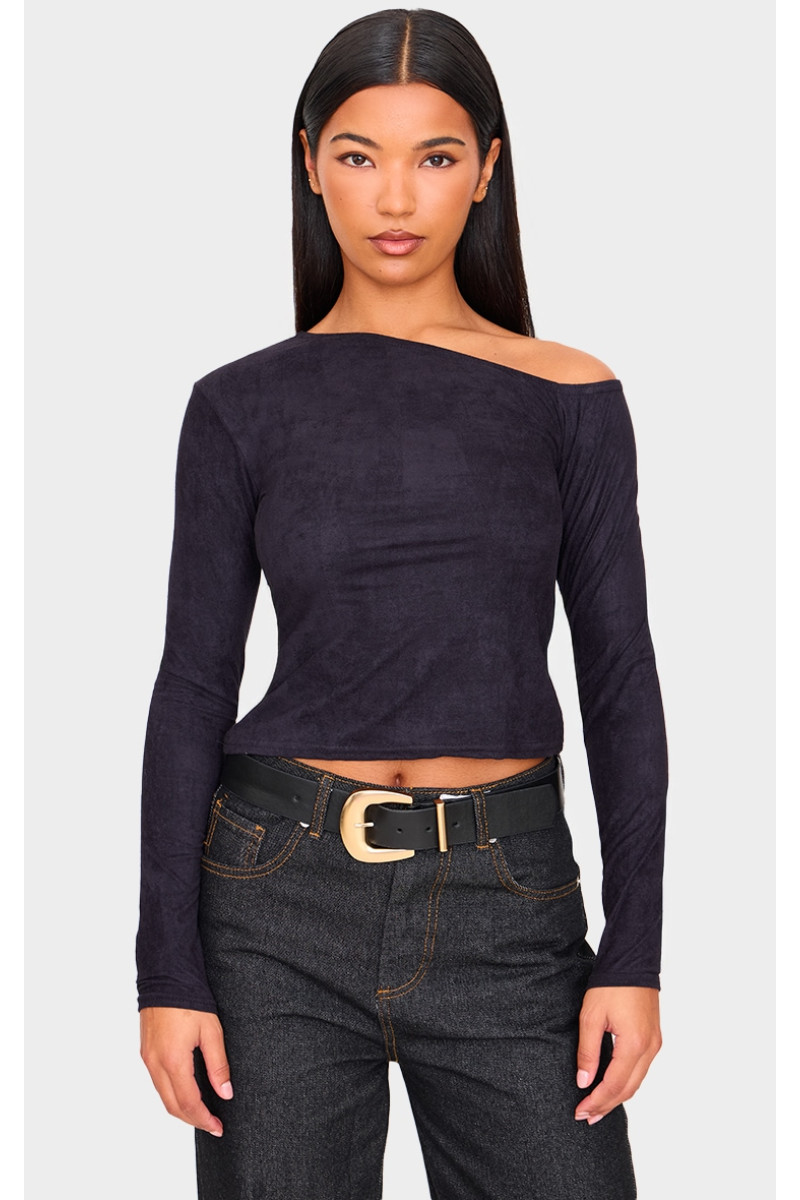 Чорна штучна замша з асиметричним вирізом і довгим рукавом