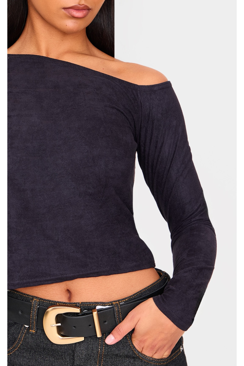 Чорна штучна замша з асиметричним вирізом і довгим рукавом