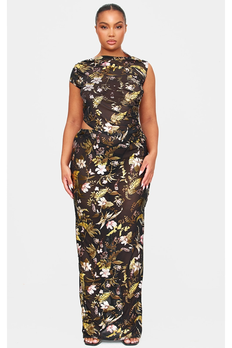 Чорний укорочений топ із рюшами з принтом із квітковою фольгою