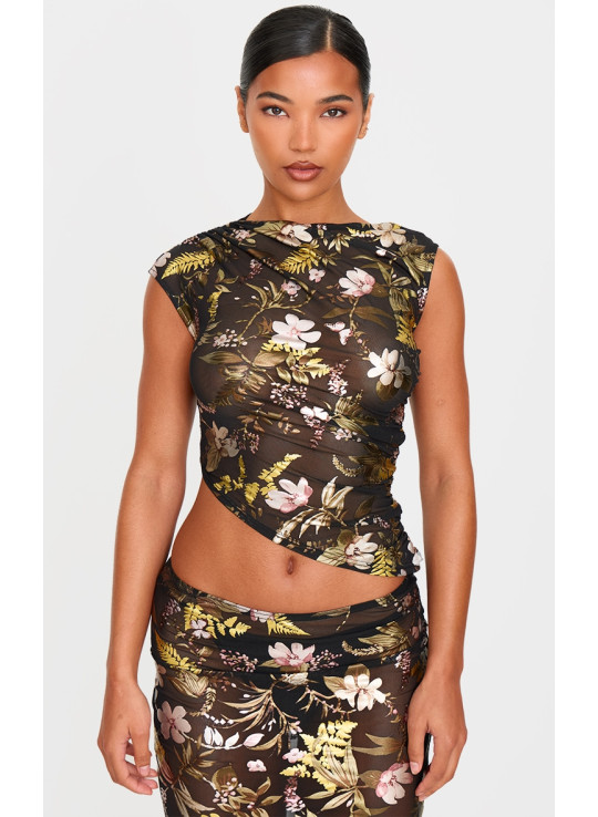 Чорний укорочений топ із рюшами з принтом із квітковою фольгою