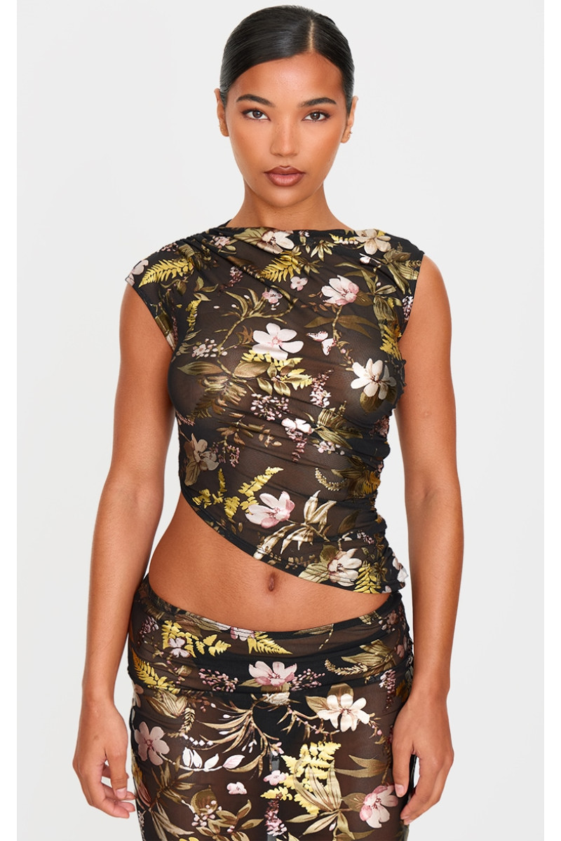 Чорний укорочений топ із рюшами з принтом із квітковою фольгою