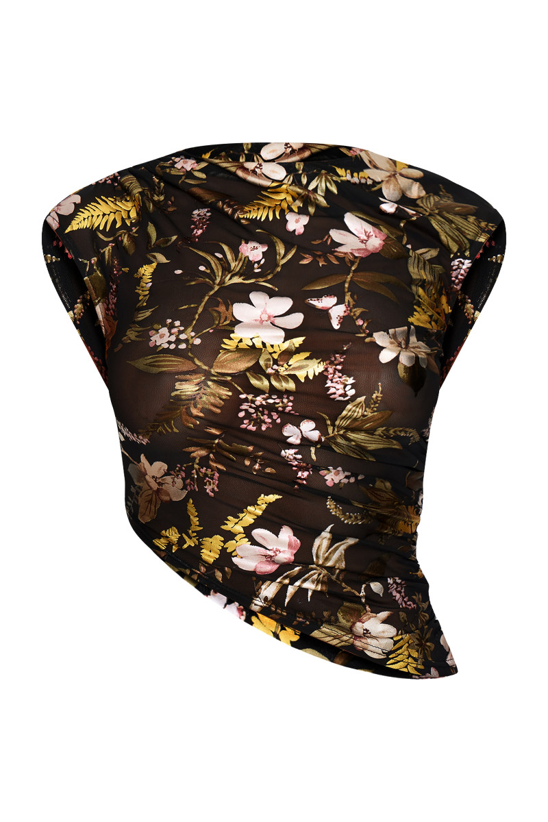 Чорний укорочений топ із рюшами з принтом із квітковою фольгою