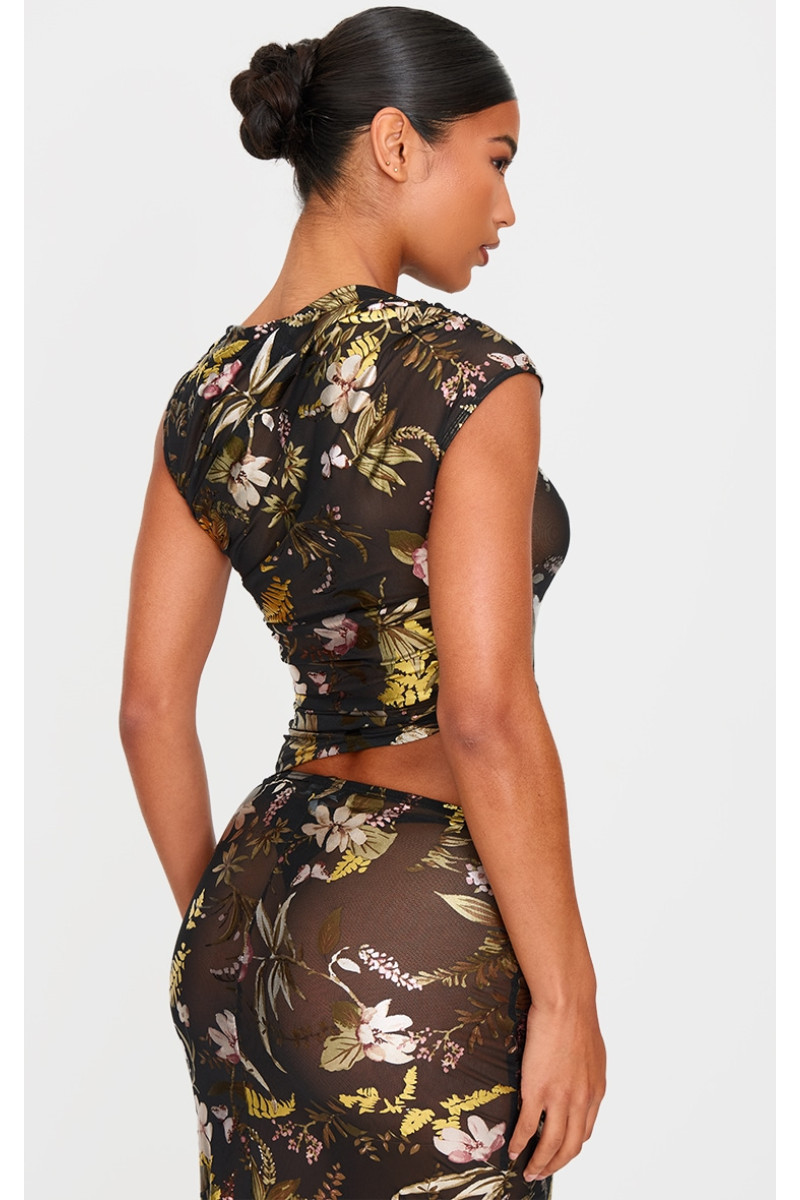 Чорний укорочений топ із рюшами з принтом із квітковою фольгою
