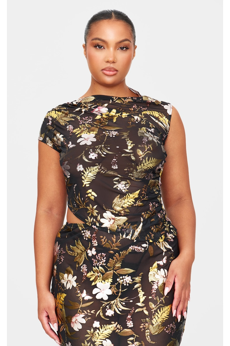 Чорний укорочений топ із рюшами з принтом із квітковою фольгою
