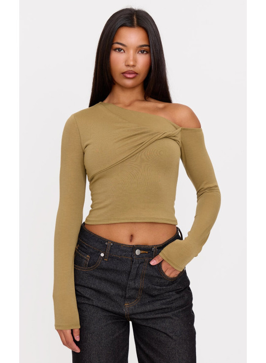 Топ з довгим рукавом із закрученими деталями з оливкового контуру з джерсі Бардо