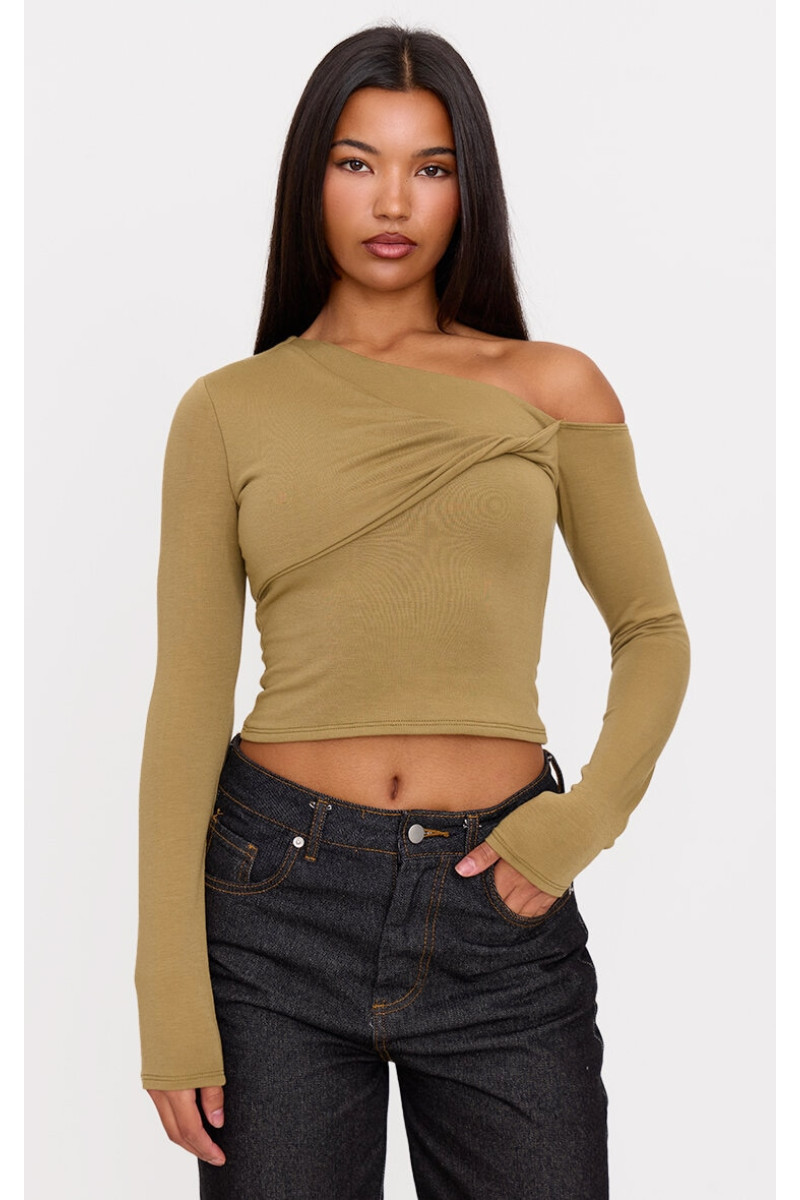 Топ з довгим рукавом із закрученими деталями з оливкового контуру з джерсі Бардо