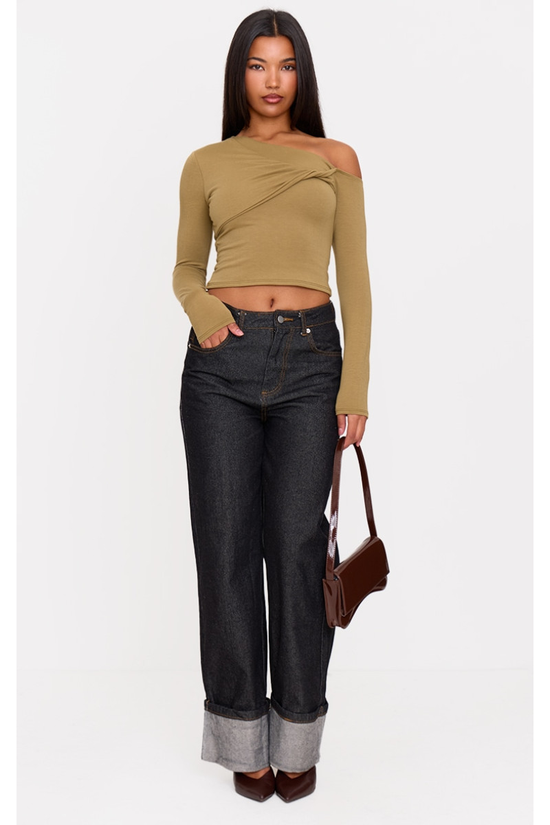 Топ з довгим рукавом із закрученими деталями з оливкового контуру з джерсі Бардо