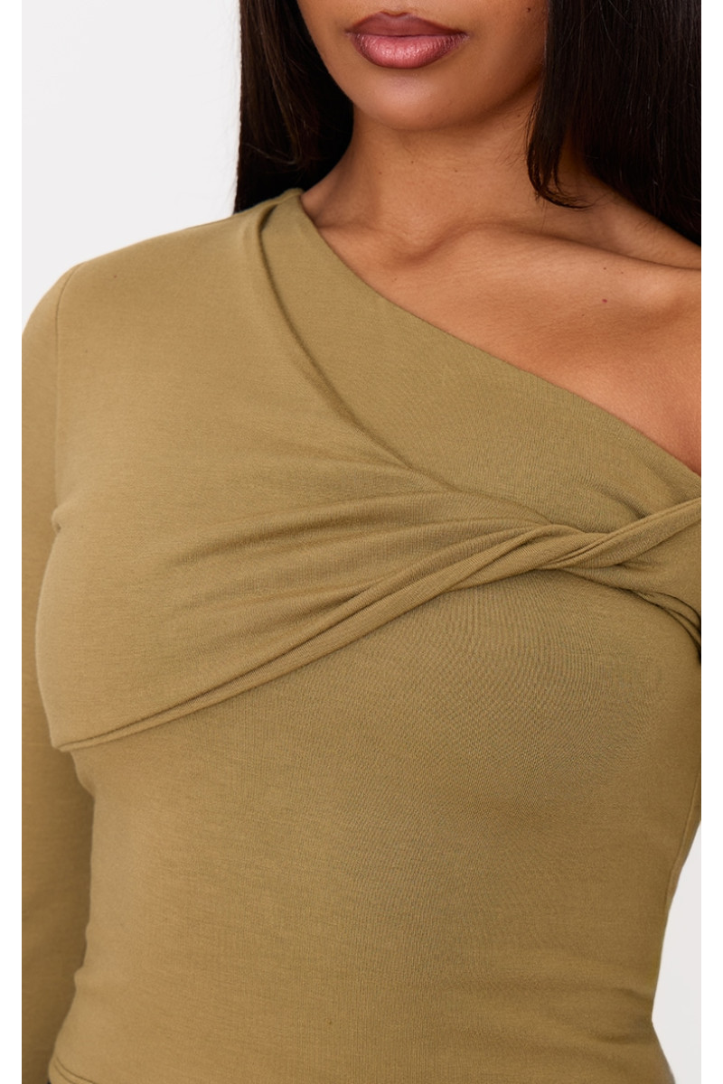 Топ з довгим рукавом із закрученими деталями з оливкового контуру з джерсі Бардо