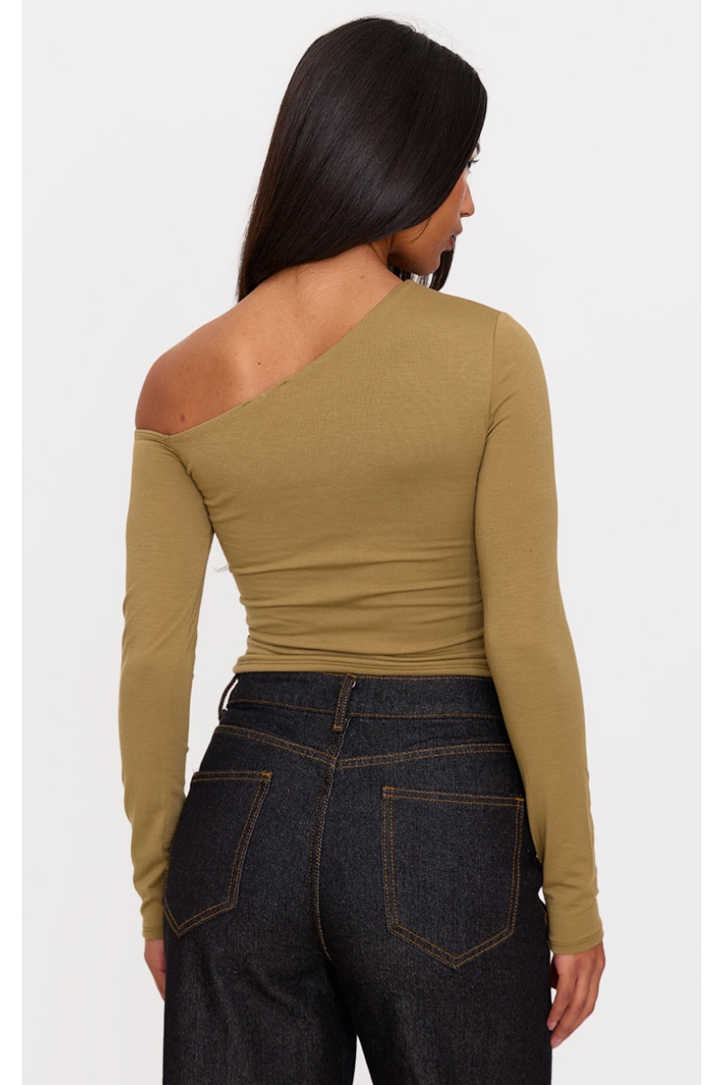 Топ з довгим рукавом із закрученими деталями з оливкового контуру з джерсі Бардо