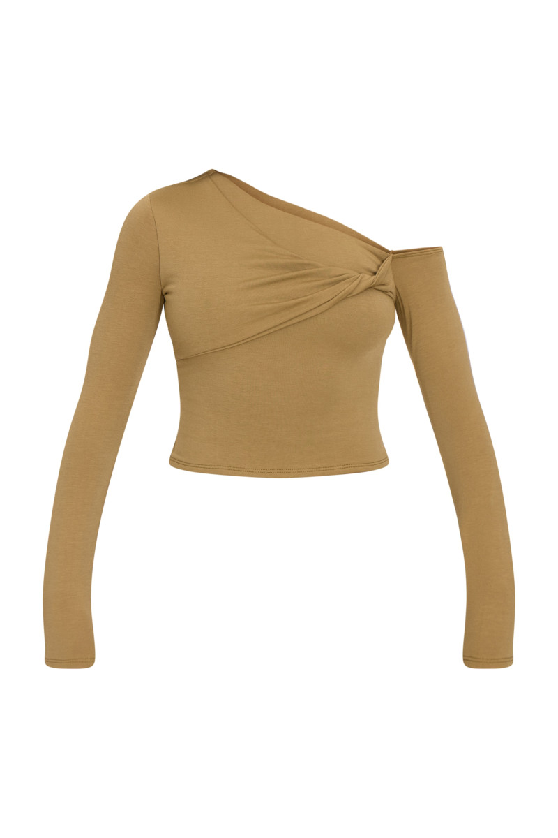 Топ з довгим рукавом із закрученими деталями з оливкового контуру з джерсі Бардо