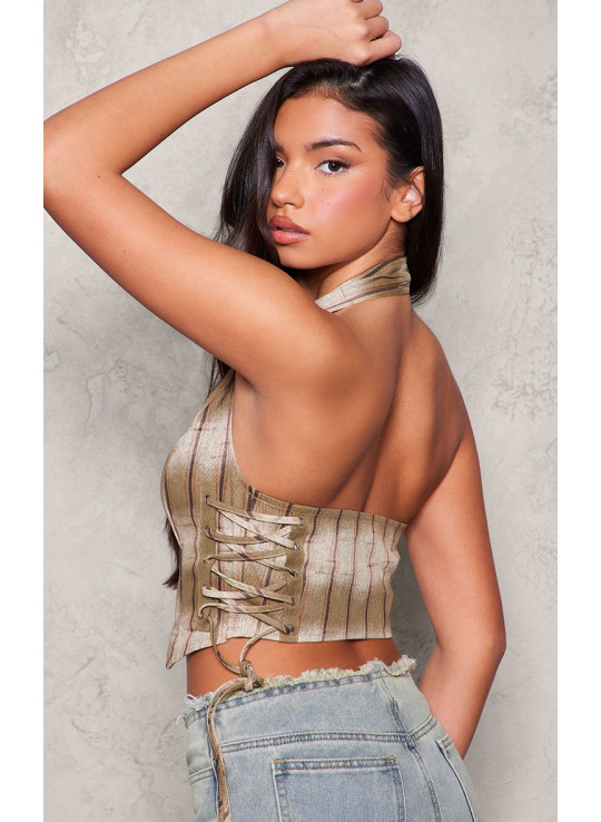 Коричневий топ із саржевим шнурком і принтом у смужку