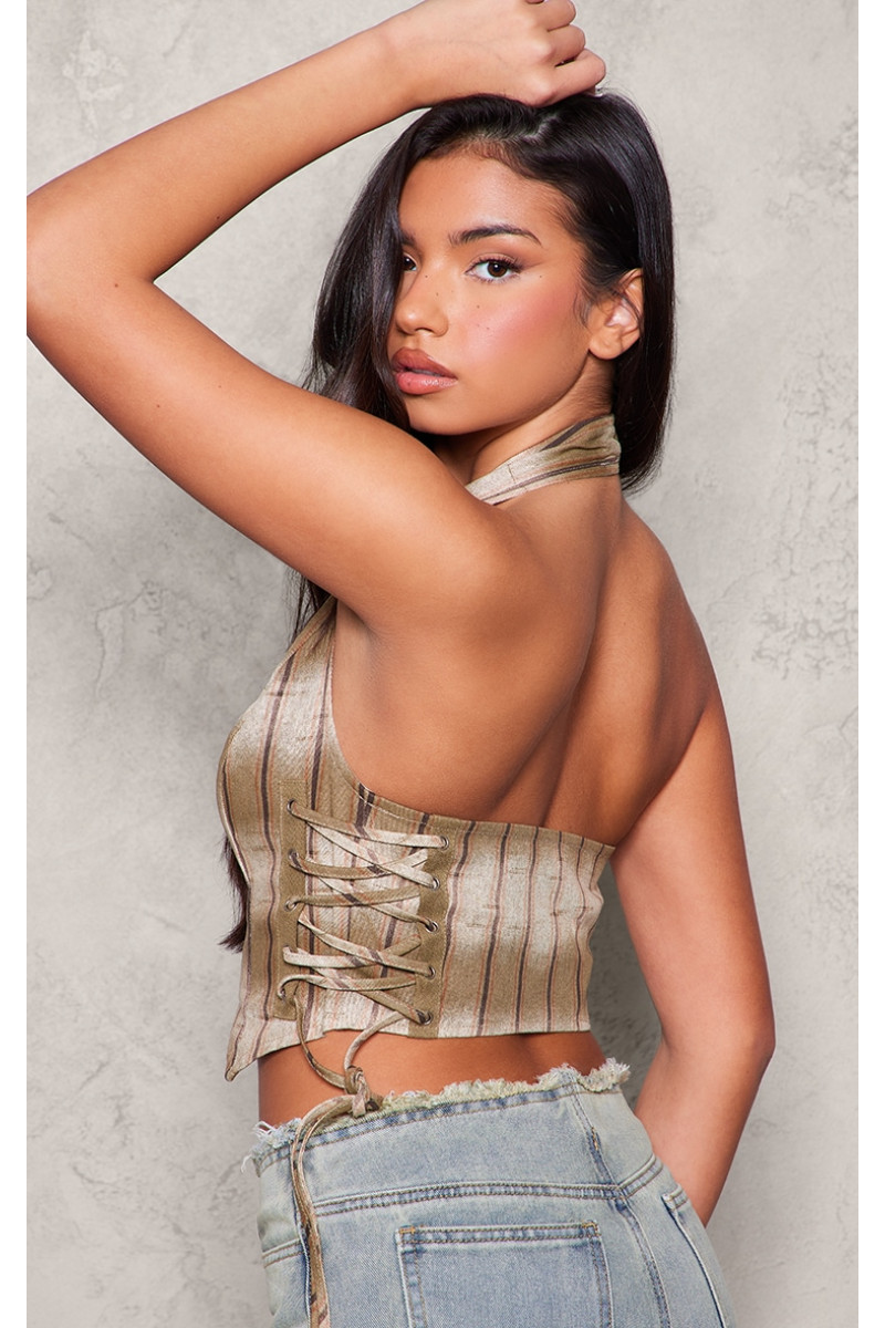 Коричневий топ із саржевим шнурком і принтом у смужку