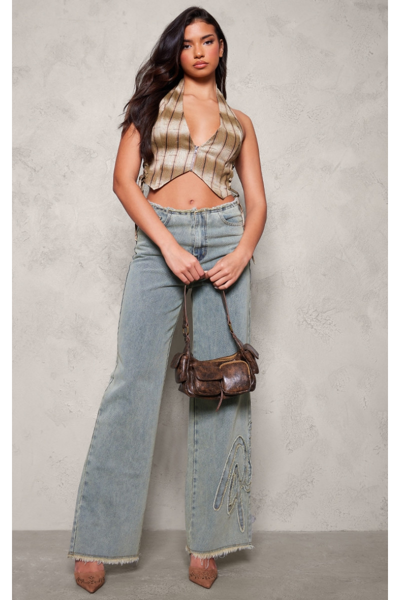 Коричневий топ із саржевим шнурком і принтом у смужку