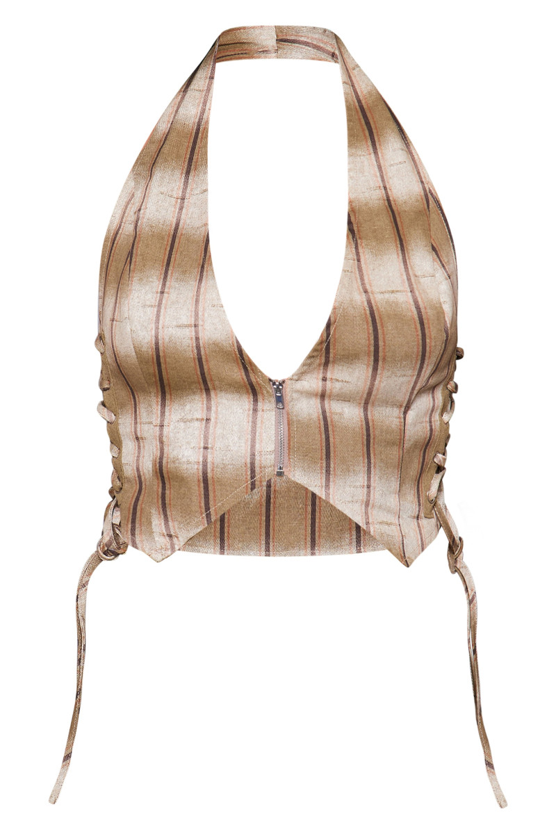 Коричневий топ із саржевим шнурком і принтом у смужку