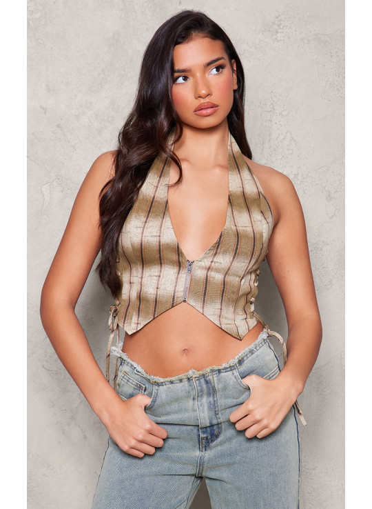 Коричневий топ із саржевим шнурком і принтом у смужку