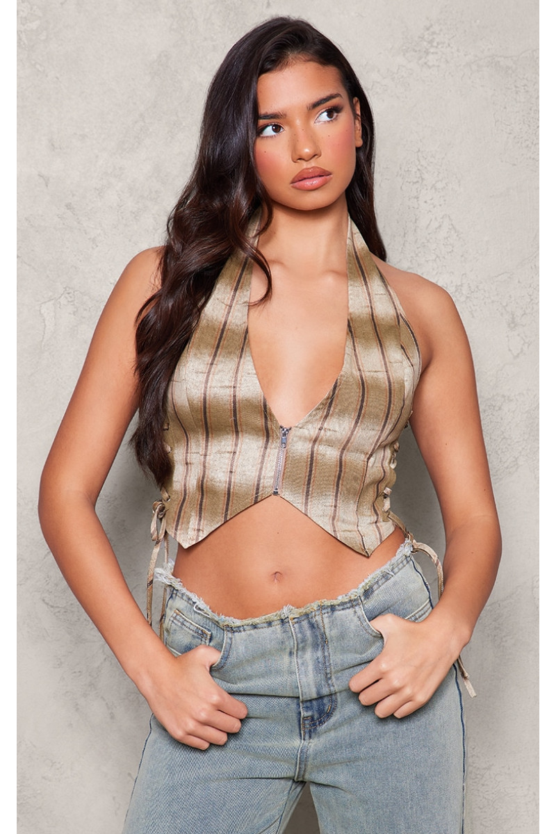 Коричневий топ із саржевим шнурком і принтом у смужку