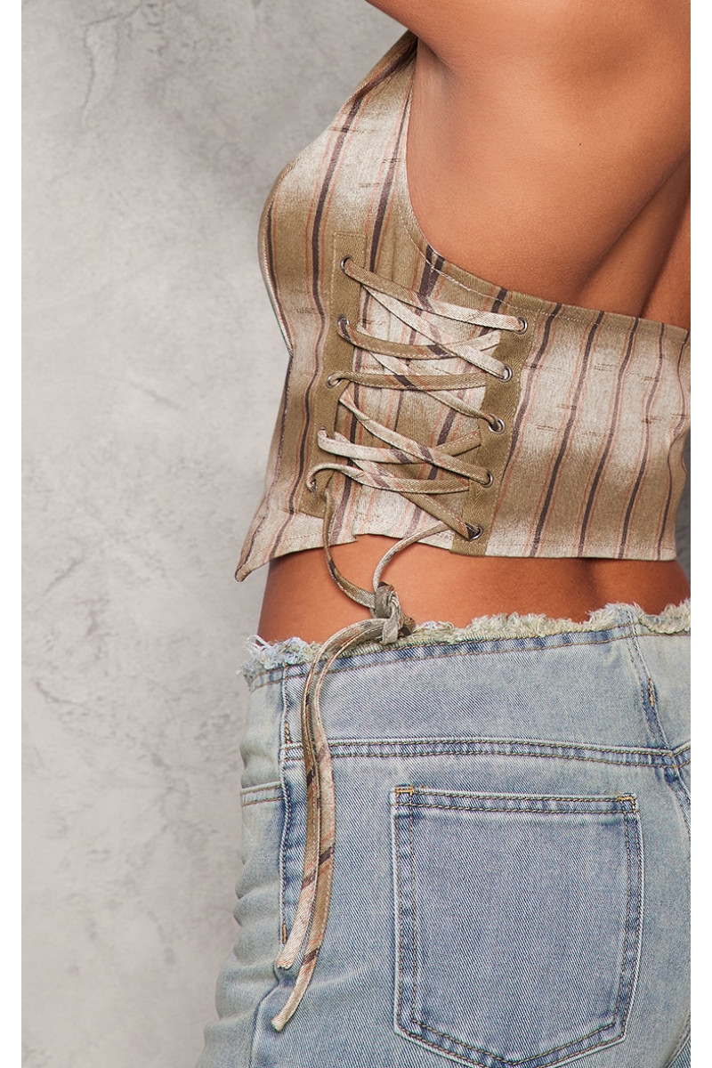 Коричневий топ із саржевим шнурком і принтом у смужку